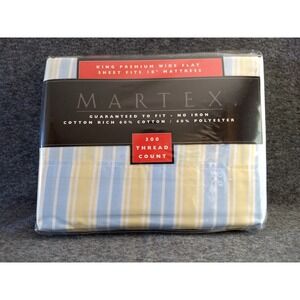 Martex King Premium‎ Wide Flat Sheet Serenity Stripe Soft Yellow Blue 300TC NOS